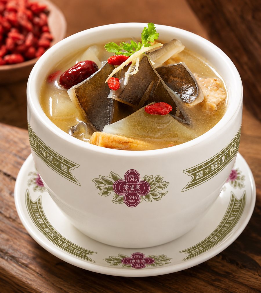 Nourishing Claypot Turtle Soup served in the house bowl, its crest reading Tan Ser Seng since 1946