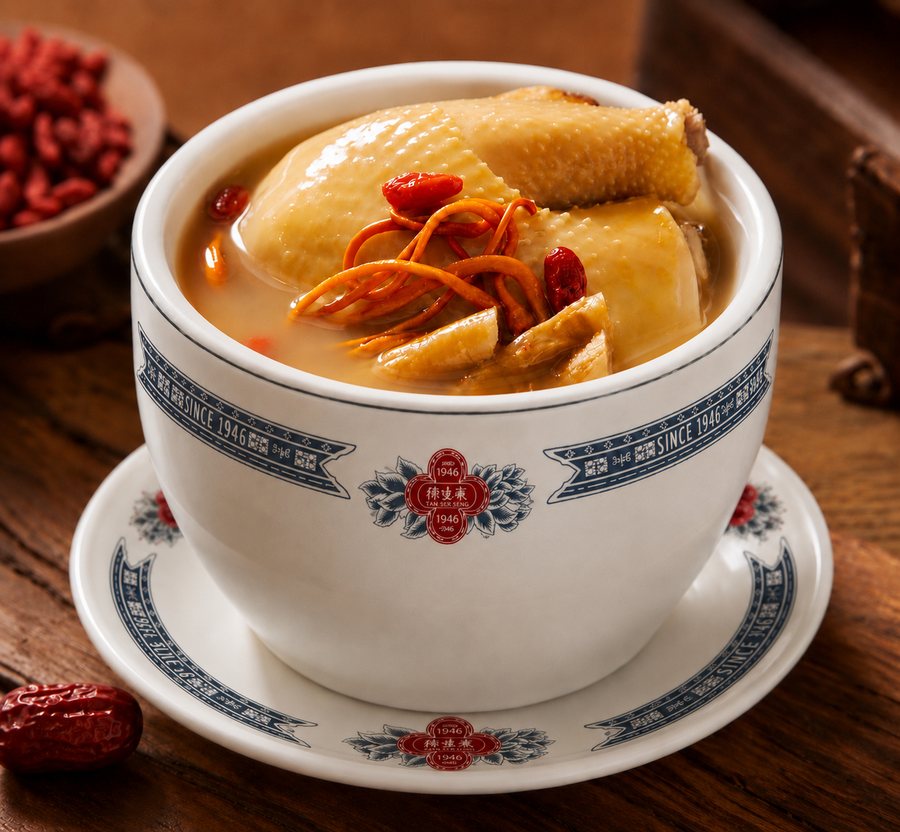 Cordyceps Flower Sakura Chicken Soup in the house double-boiling cup, banded with Since 1946