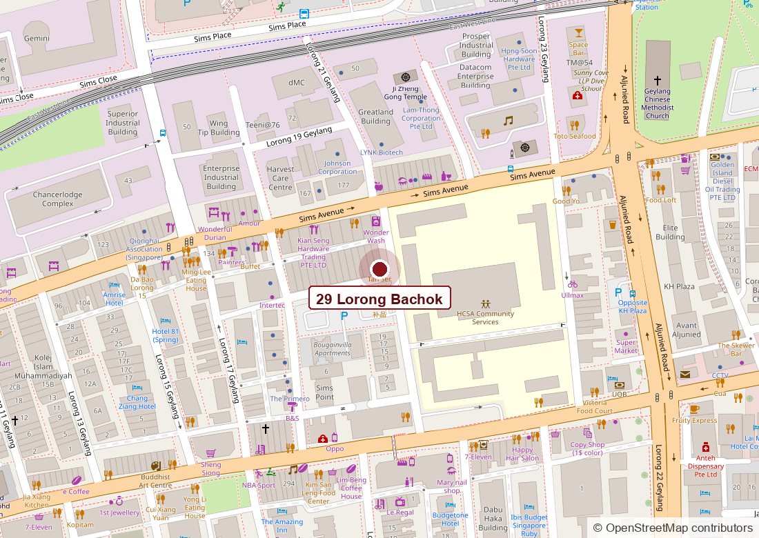 Map of Geylang showing Tan Ser Seng Herbal Soup at 29 Lorong Bachok, just off Sims Avenue near Aljunied
